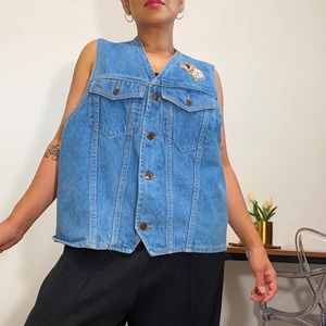 FLD Denim Women’s L Vintage Blue Embroidered Heart Granny core Sleeveless Vest